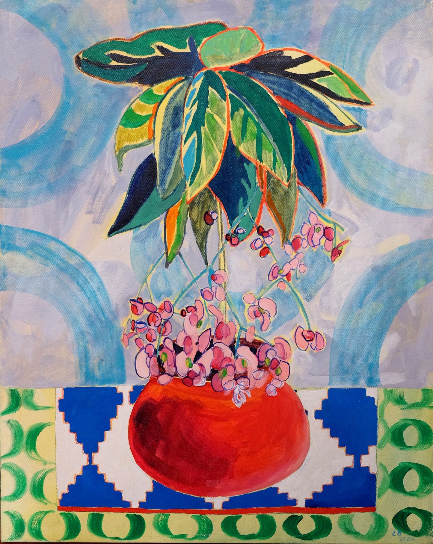 15 Begonia on blue and white tile