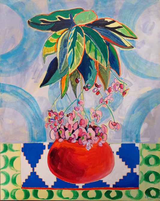 15 Begonia on blue and white tile