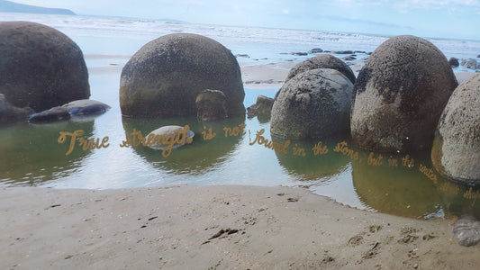 Adrienne Smatt, Hand Calligraphy on Digital Photography, " LR Knost- Moeraki Boulders, New Zealand"